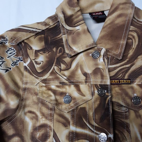 Navi Jeans Vintage Denim Jean Jacket Japanese Anime Design Gold Tie-Dye Size S - Picture 3 of 11